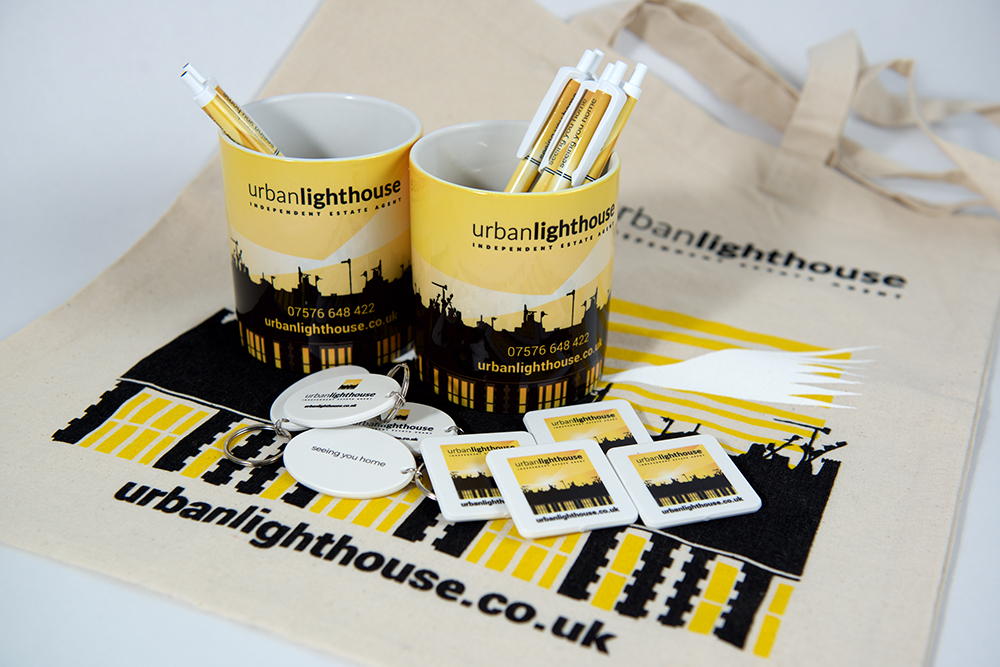 image of various items of Urban Lighthouse marketing merchandise